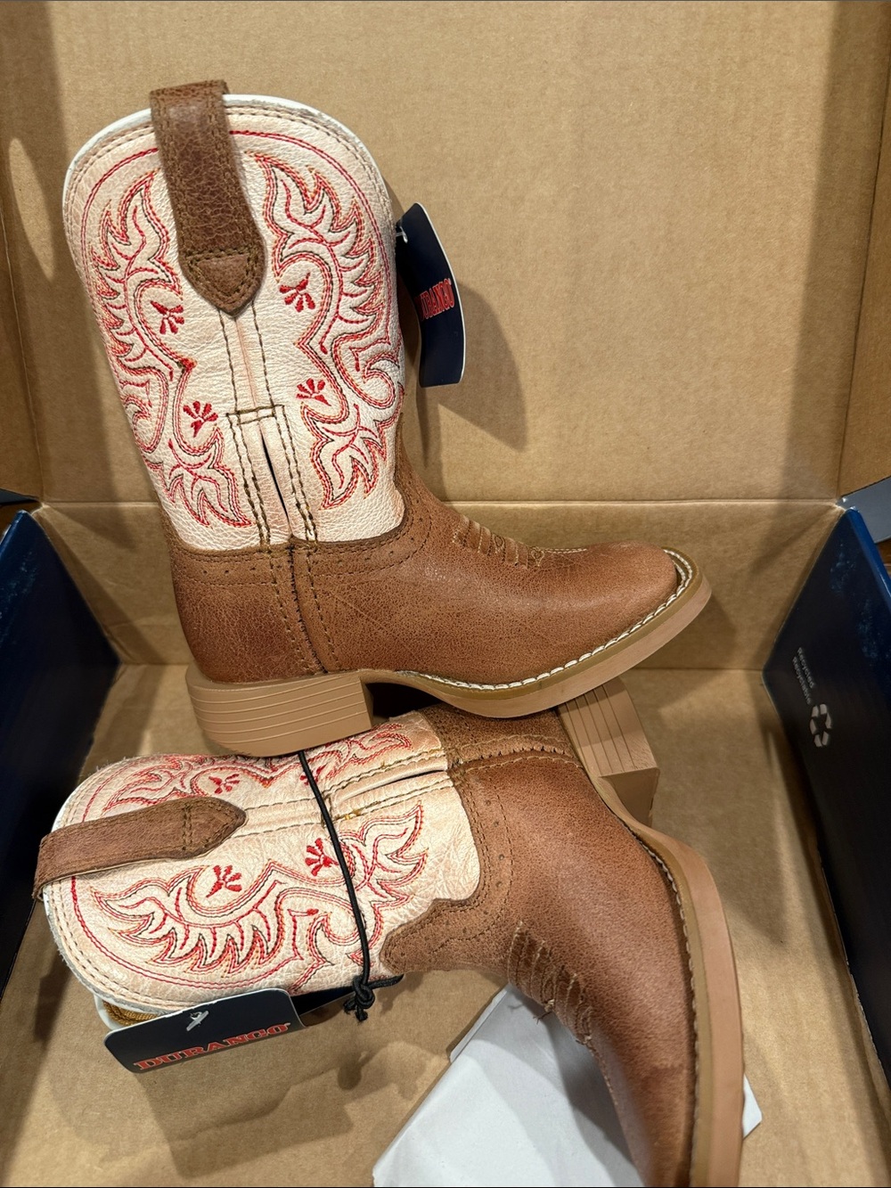 Durango Kids Brown and Cream Western Boots with Red Embroidery